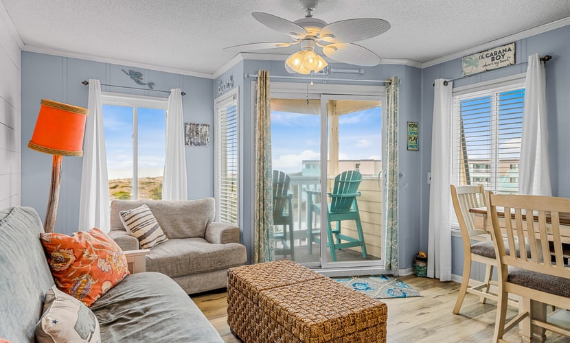 Beachfront home base with ocean-view balcony, 2 pools, waterslide & beach access