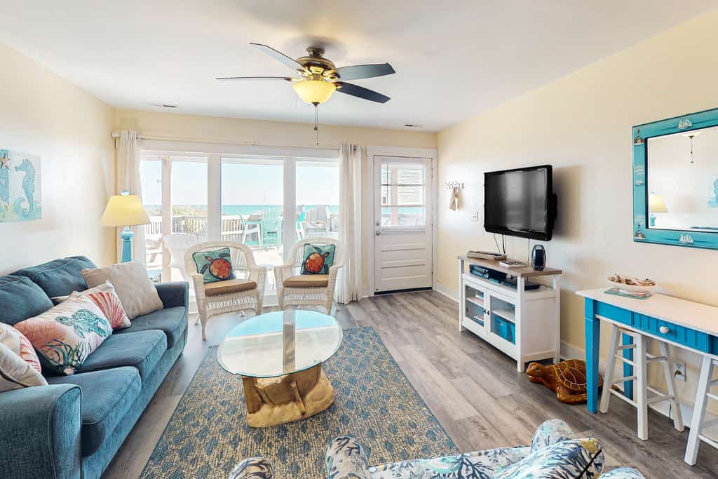 Oceanfront home with beach access, ocean and beach views, foosball table, deck