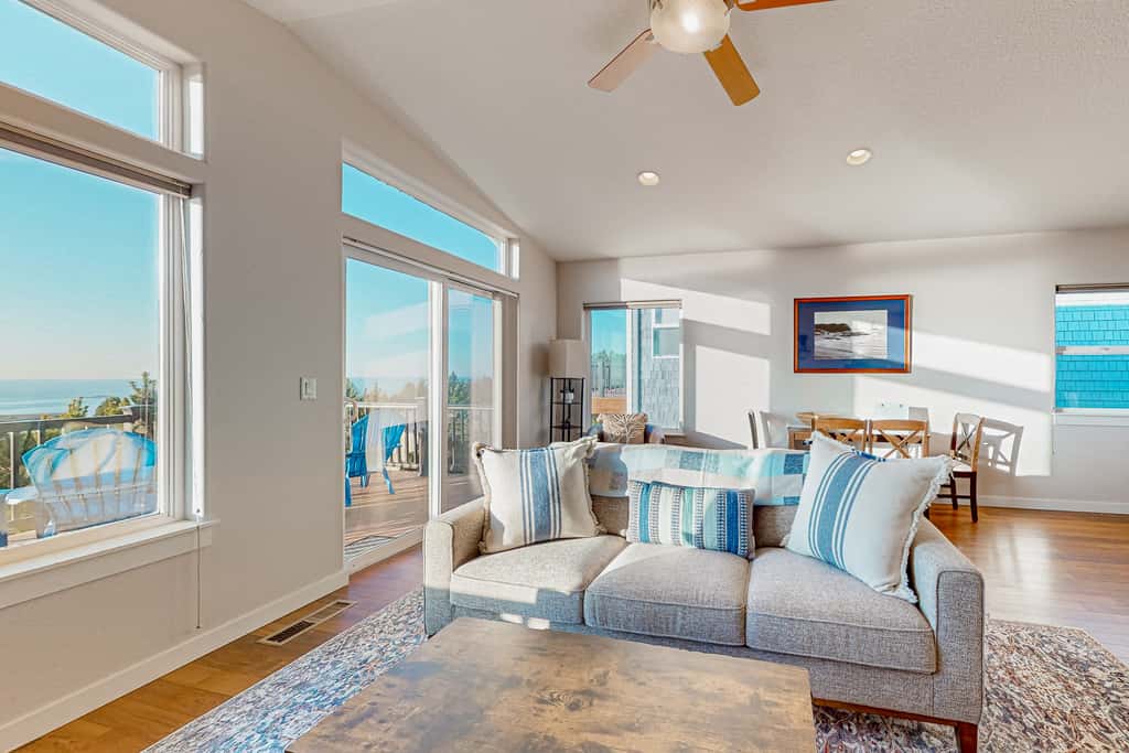 Spectacular ocean view home with fireplace and large decks dog friendly