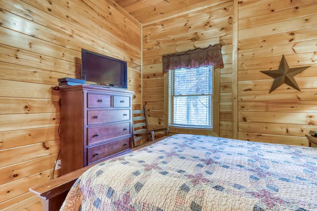 A wood-paneled room with a queen bed, dresser, and TV.