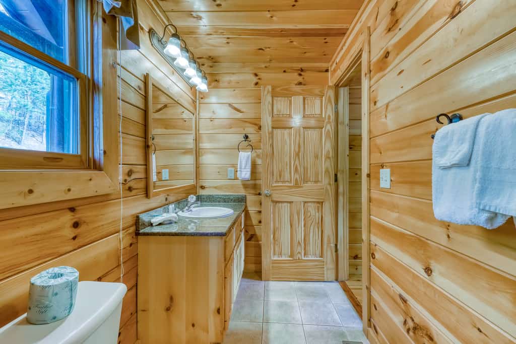 A log cabin style bathroom with a vanity, toilet, and shower