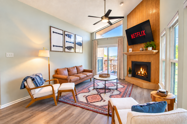 Dog-friendly condo with a gas fireplace, washer/dryer, AC, & cable TV