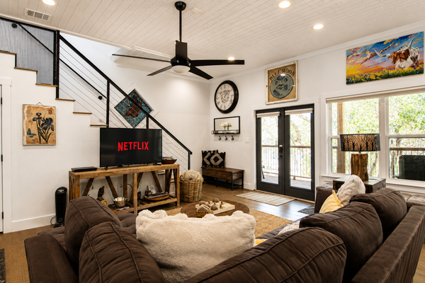 Modern Hill Country house & rustic cabin with a private pool and hot tub