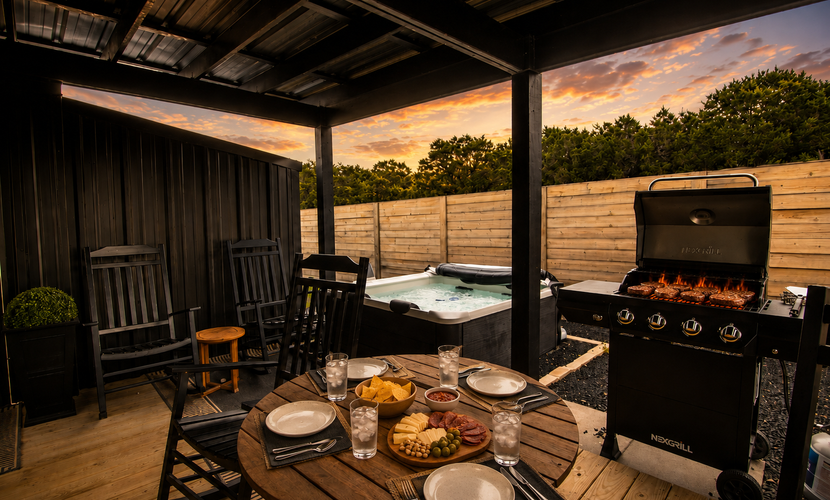 Modern Hill Country Tiny house with kitchen, WIFI, private patio and hot tub