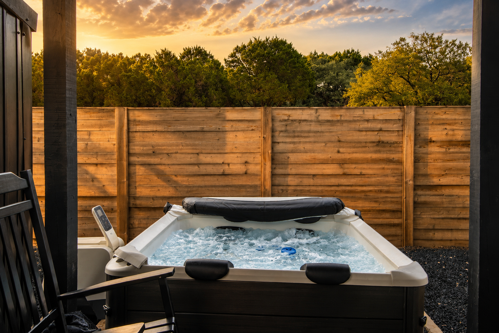 Modern Hill Country Tiny house with kitchen, WIFI, private patio and hot tub