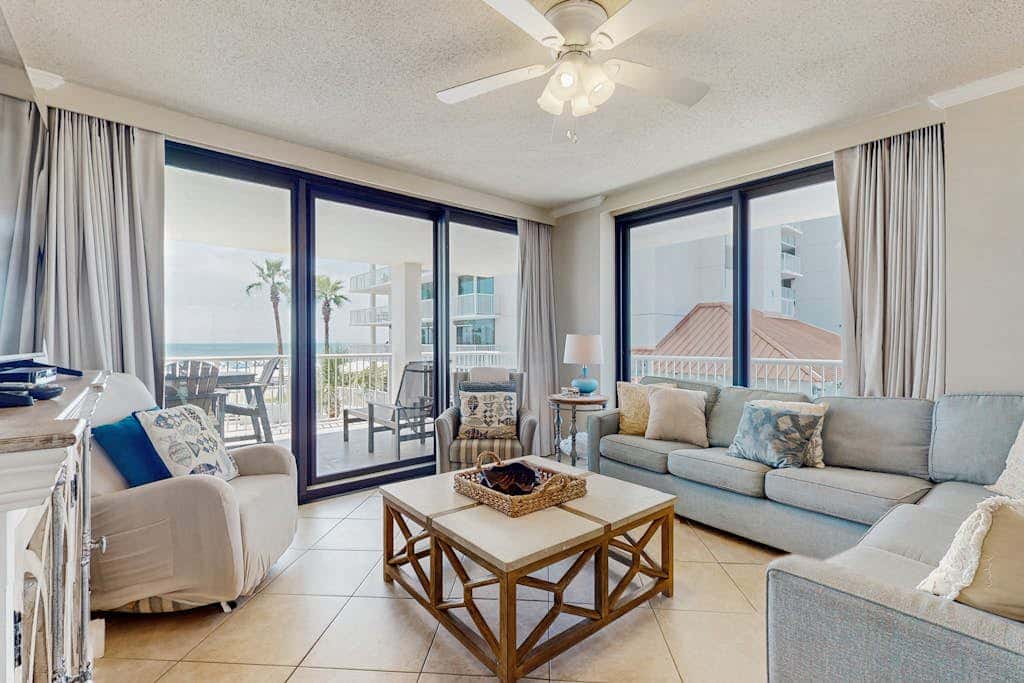 Gulf-front condo with furnished balcony, pools & hot tub