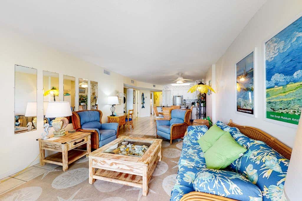 Oceanfront condo with Gulf-view balcony, beach access, pool, WiFi, & central AC
