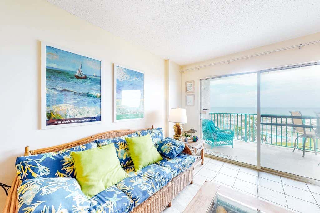 Oceanfront condo with Gulf-view balcony, beach access, pool, WiFi, & central AC