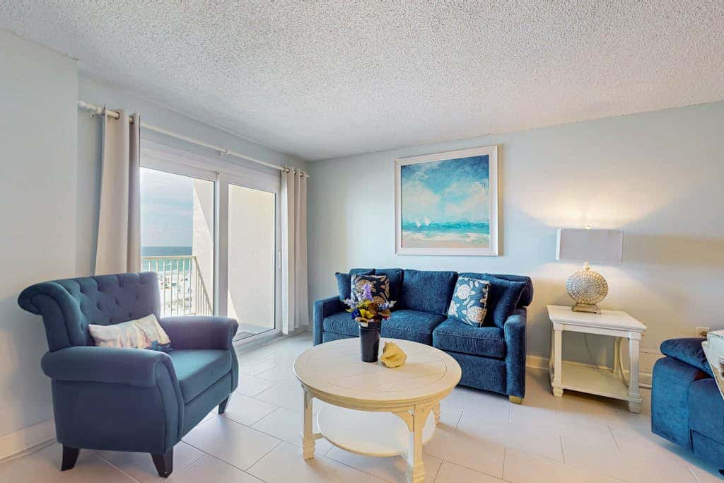 Gulf-front 3rd-floor condo with outdoor pool, central AC, & balcony