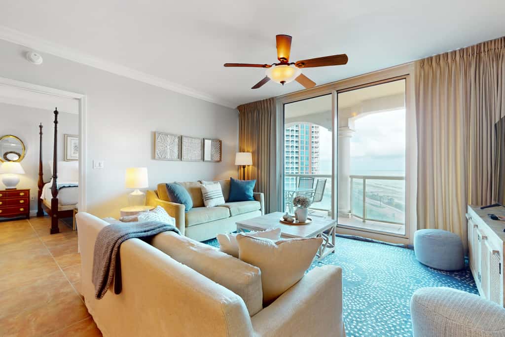 Gulf-view condo with pool, hot tub, beach access, tennis, balcony, AC, & W/D