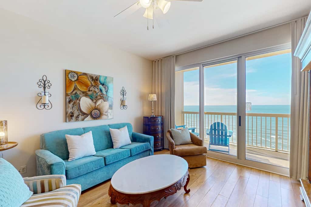 Tropical touches abound with balcony, pools, gym & beach access
