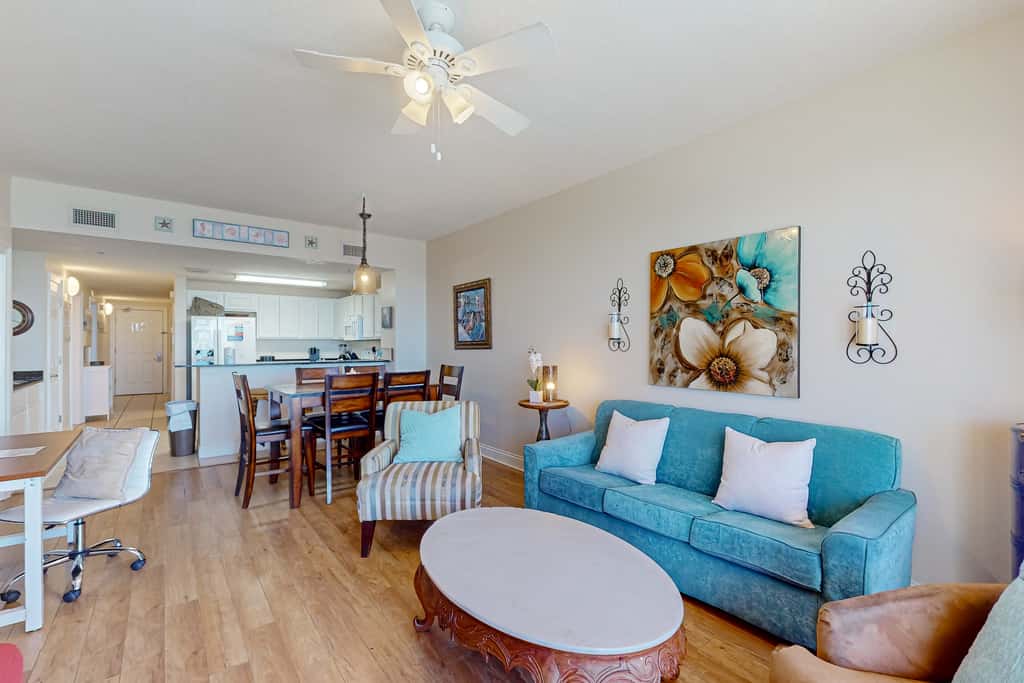 Tropical touches abound with balcony, pools, gym & beach access