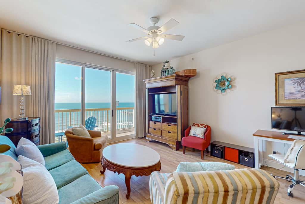 Tropical touches abound with balcony, pools, gym & beach access