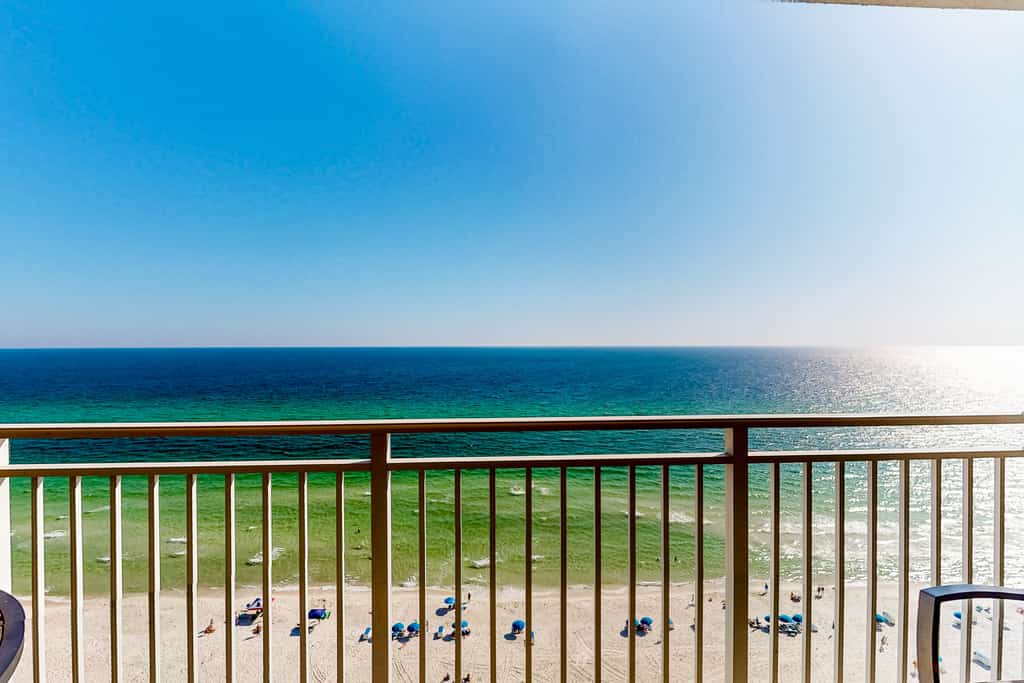 Beachfront 16th-floor condo with Gulf views, pool, game room, balcony, gym, W&D