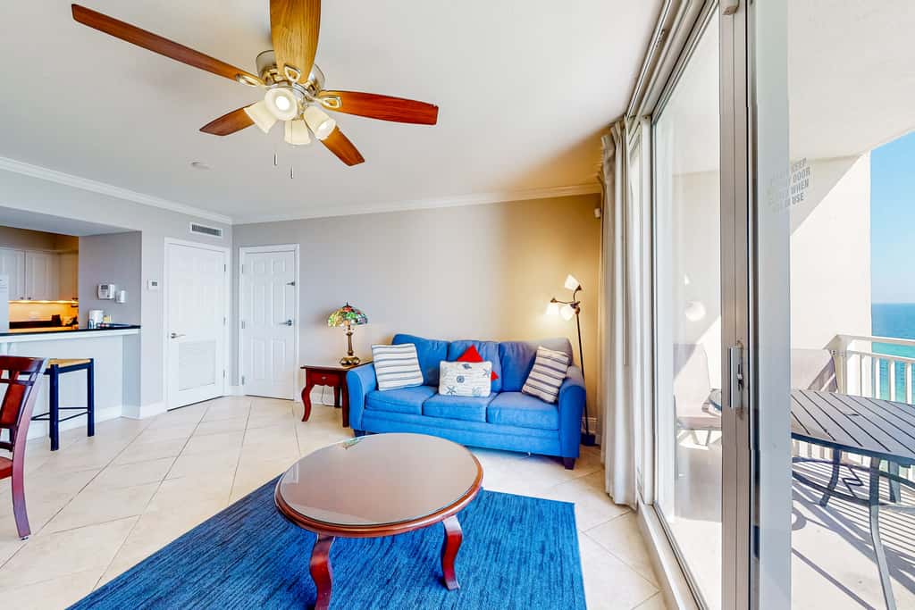 Beachfront 16th-floor condo with Gulf views, pool, game room, balcony, gym, W&D