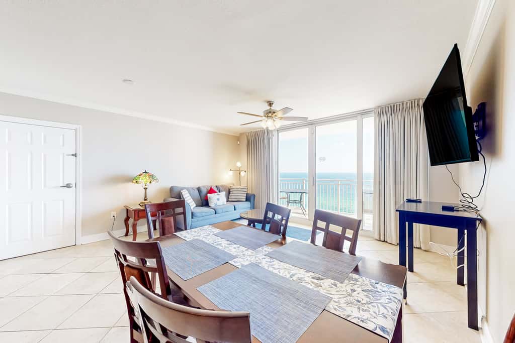 Beachfront 16th-floor condo with Gulf views, pool, game room, balcony, gym, W&D