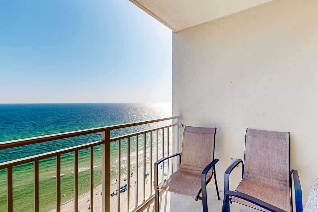Beachfront 16th-floor condo with Gulf views, pool, game room, balcony, gym, W&D