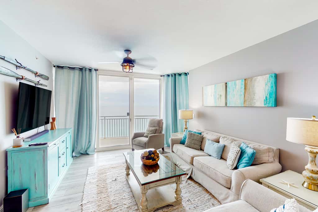 16th-floor condo with Gulf views, beach access, 2 pools, hot tub, & private W&D