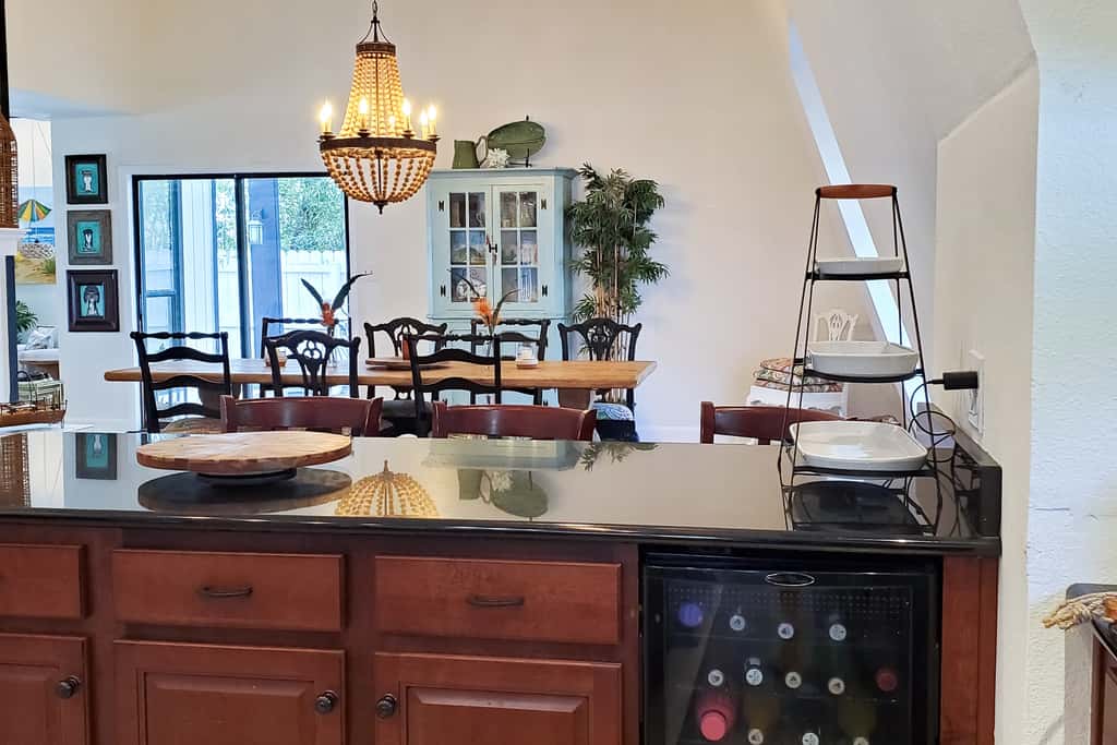 Updated dog-friendly home with private outdoor pool, patio, fireplace, W&D, AC
