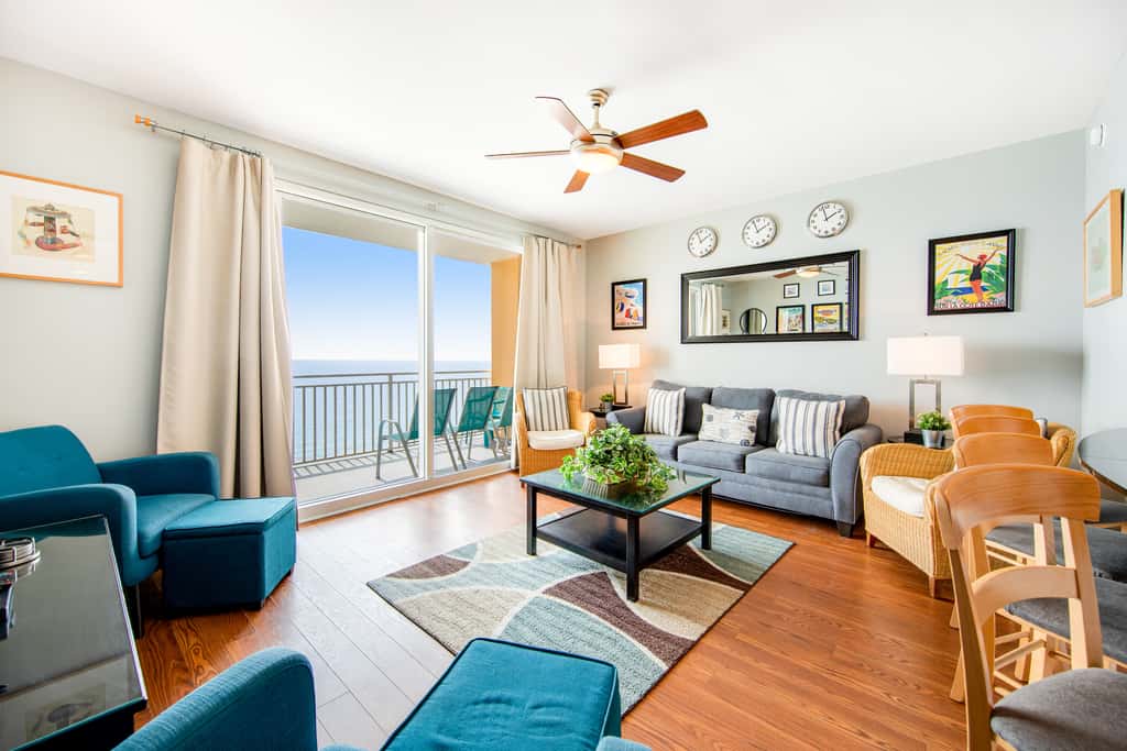 Colorful, beachfront condo with Gulf view, pool, hot tub, and lazy river