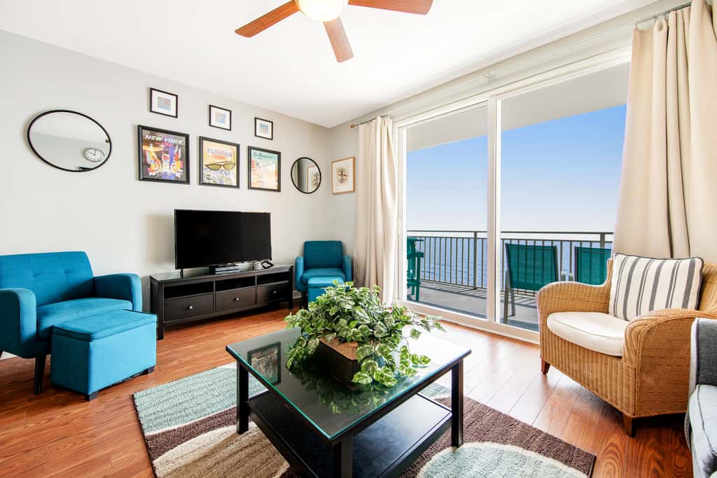 Colorful, beachfront condo with Gulf view, pool, hot tub, and lazy river