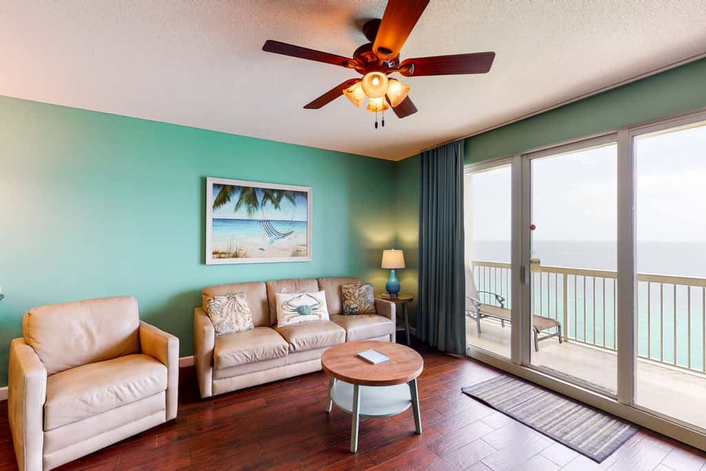 Beachfront, seafoam sanctuary with furnished balcony, pools, & gym