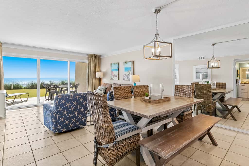 Gulf and beachfront condo with furnished patio, outdoor pool, gym & tennis