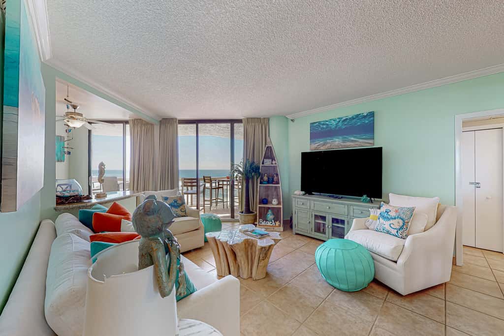 Gulf-view resort condo with pool, hot tubs, & over-street beach access