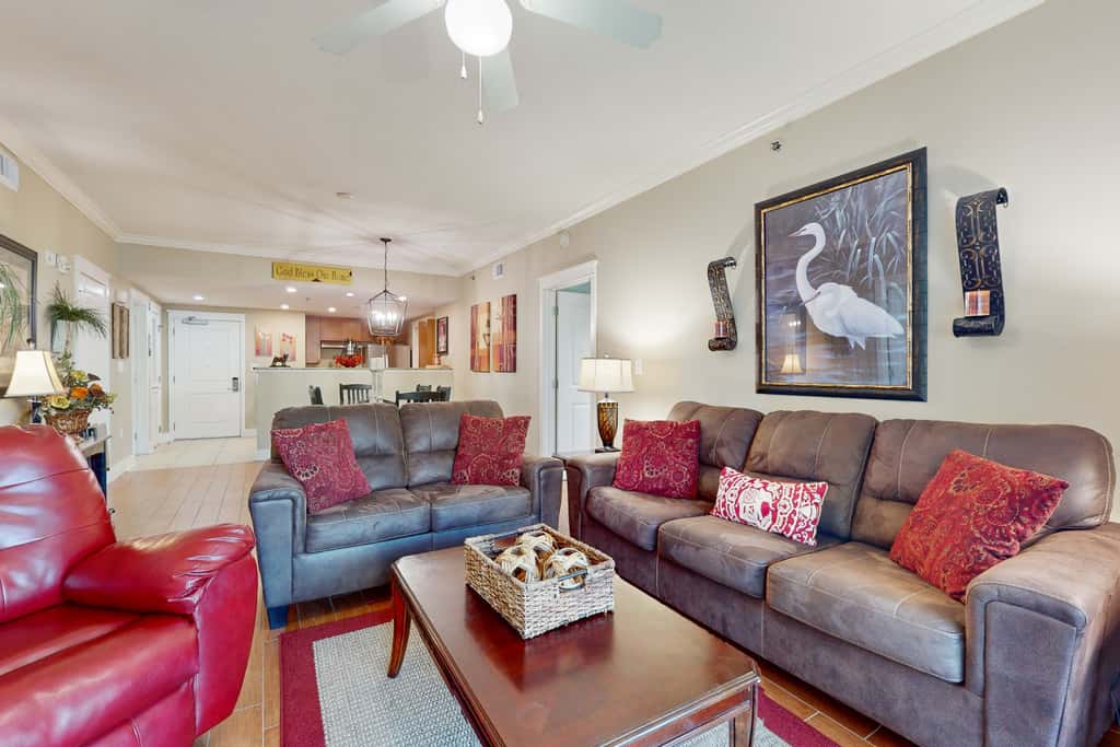 2nd-floor condo with balcony at Waterscape Waterfall, lazy river & beach chairs