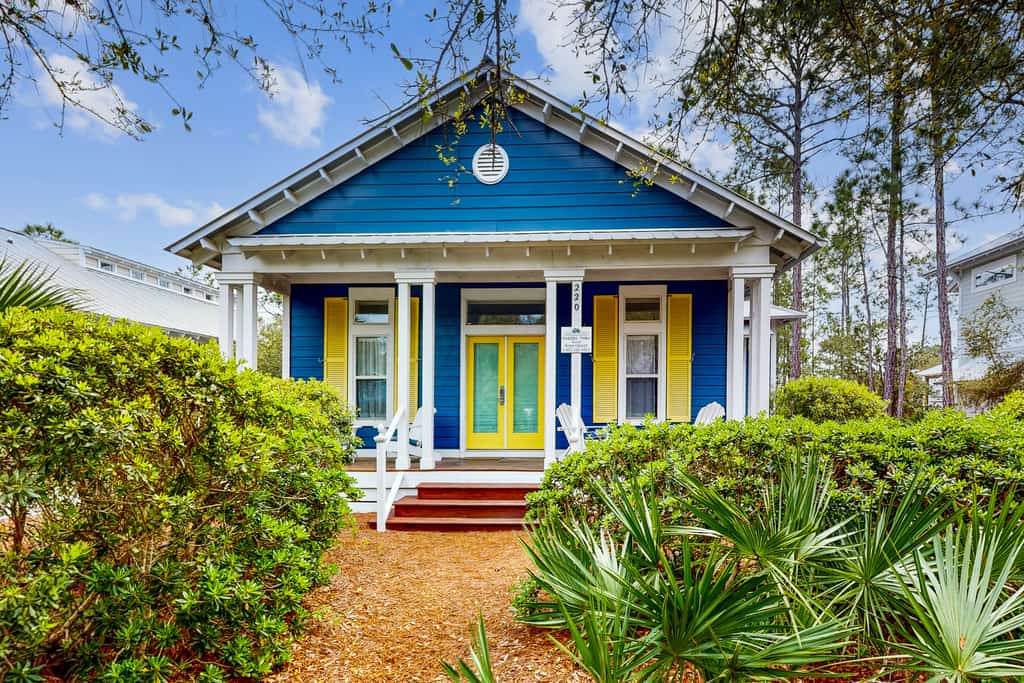Colorful house near the beach with shared swimming pool