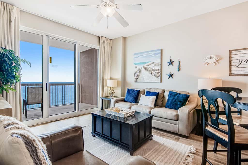 Inviting ninth-floor condo with upscale decor, Gulf-front views & pools