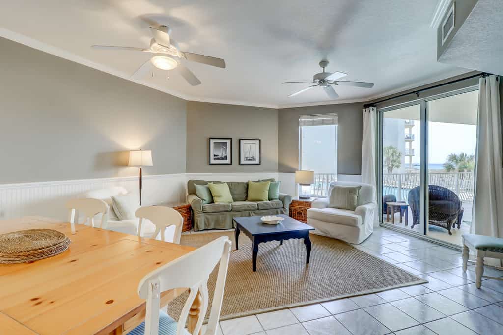 Two-bedroom with bunks, balcony overlooking pool & on-site pickleball