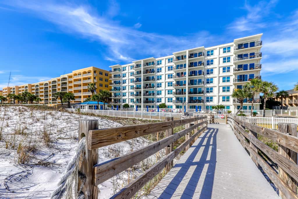 Beachfront condo with Gulf views, beach access, pool, & private balcony