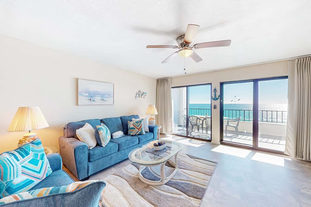 Gulf view & beachfront condo with balcony, pool, tennis, & gym