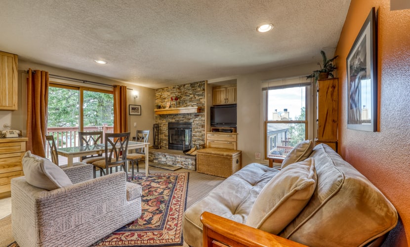 Stay slopeside at this second-floor ski-in/ski-out condo in the heart of Bogus Basin. Perfect for families, couples, or small groups, this mountain retreat features two queen beds, two private decks with mountain views, a cozy wood-burning fireplace, and direct access to the slopes. Spend the day skiing, hiking, or mountain biking, then unwind in the comfort of your mountain getaway just 20 miles from downtown Boise.