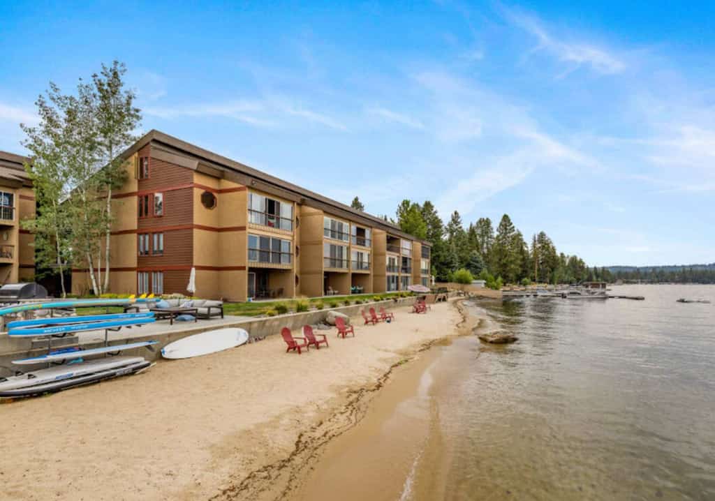 Located in the Crystal Beach Condos on Payette Lake, this top-floor unit offers lake views from the main living spaces and an enclosed balcony overlooking the water. With two bedrooms and a comfortable layout, it’s a great fit for couples or small groups. Enjoy private beach access, a seasonal pool, and a location just one block from downtown McCall.