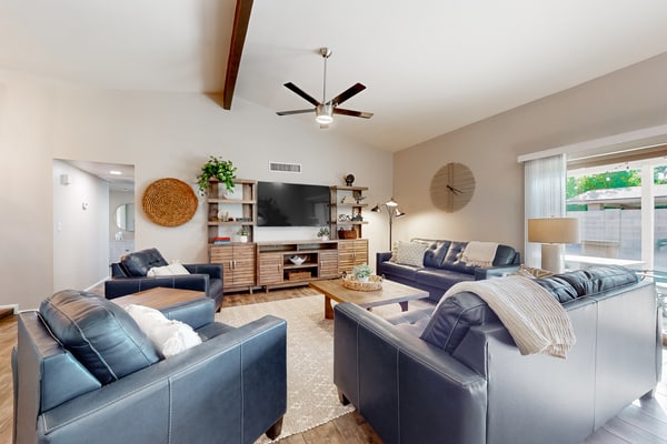 Updated home with enclosed yard, pool, grill, full kitchen, games, W/D, & AC