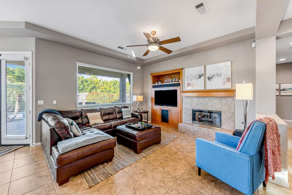 Dog-friendly desert style home with sprawling pool, pool spa, firepit & grill