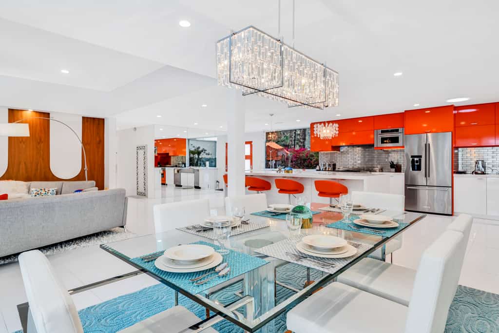 Mid-century modern estate with a pool, hot tub, gourmet kitchen, and fireplace