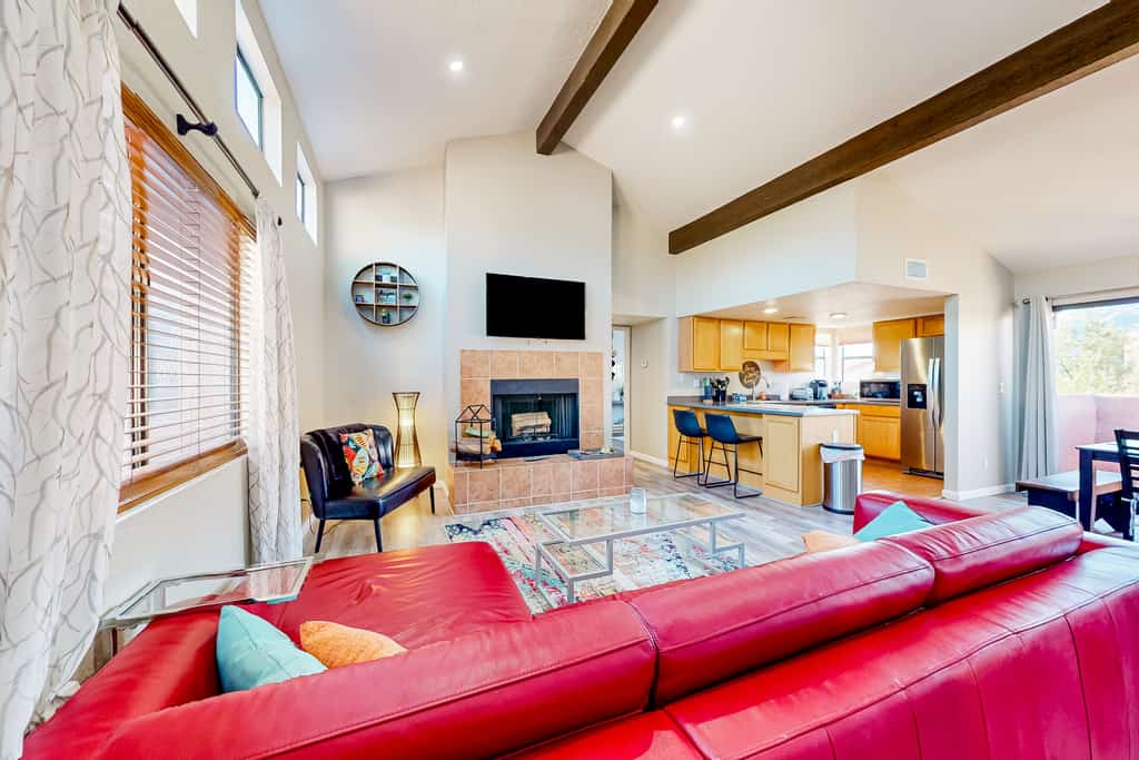 Mountain view stay with fireplace, resort-style amenities, central AC, & W/D
