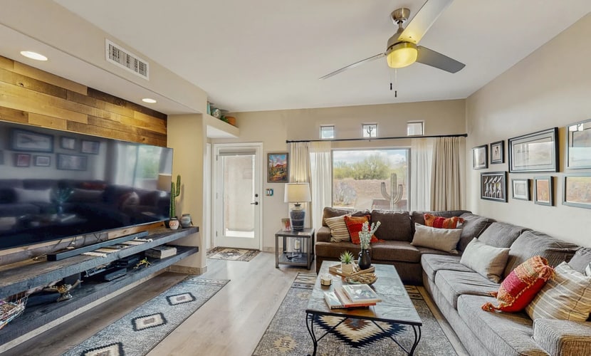 Dog-friendly, ground-floor condo with patio, desert views, pool, hot tub, & W/D