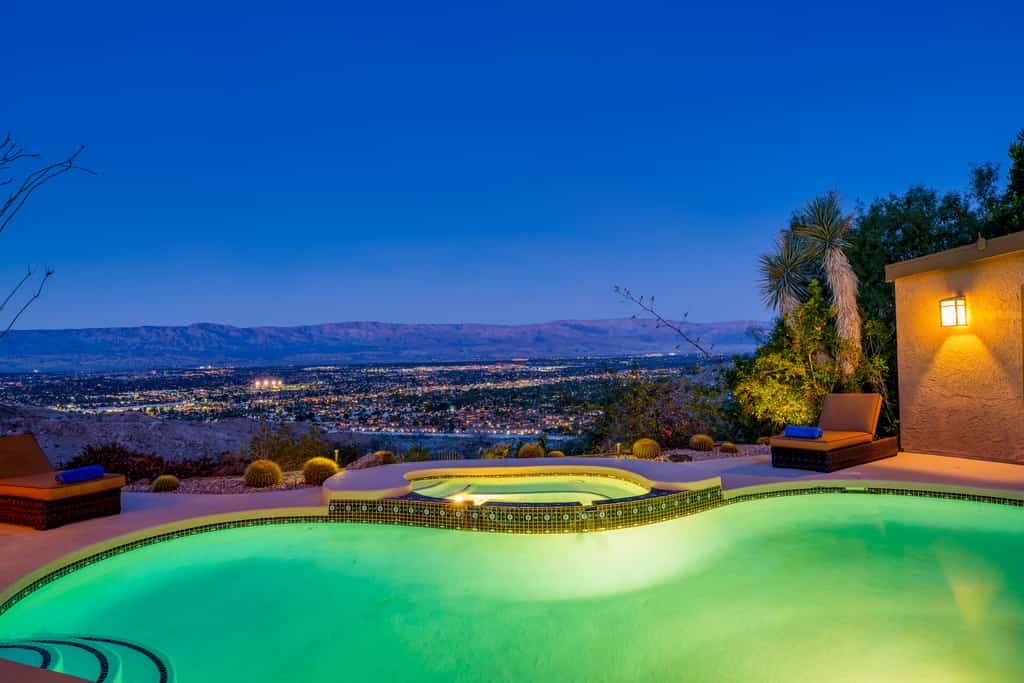 Mountain-view retreat with amazing views of Palm Desert city lights & pool
