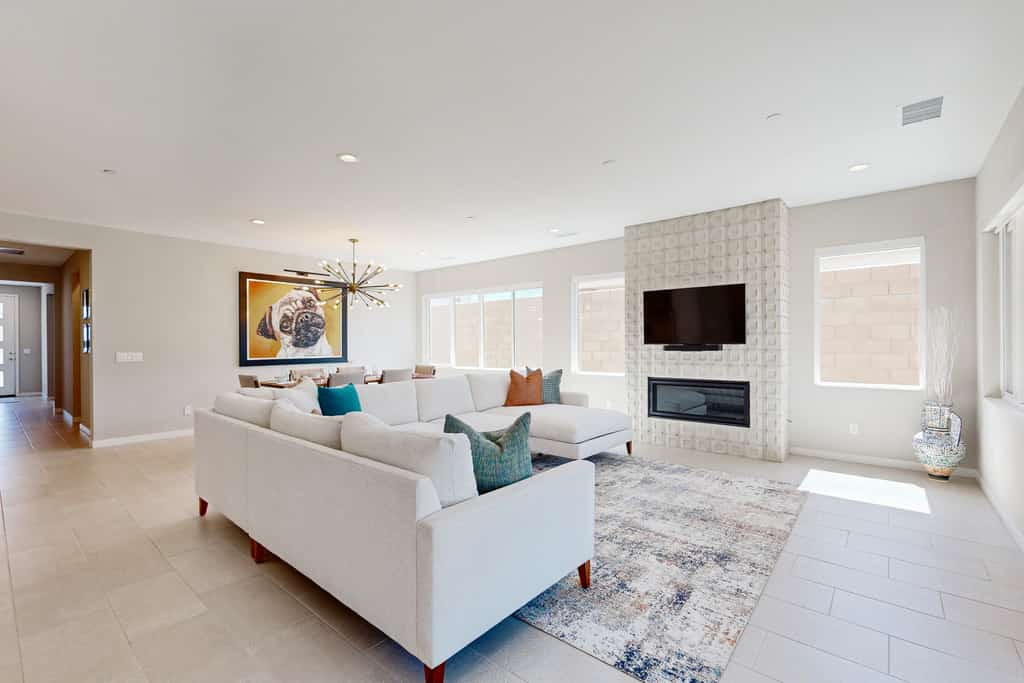 Modern home with gas fireplace, mountain views, large yard