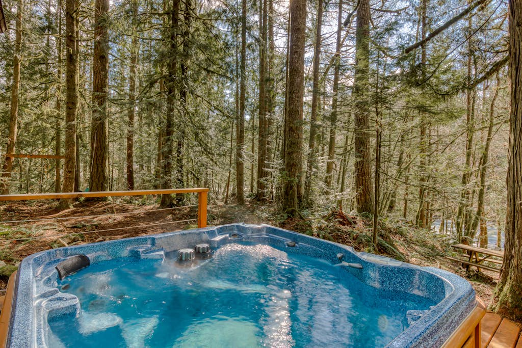 Rustic lodge with private hot tub, fireplace & riverfront views - dog-friendly