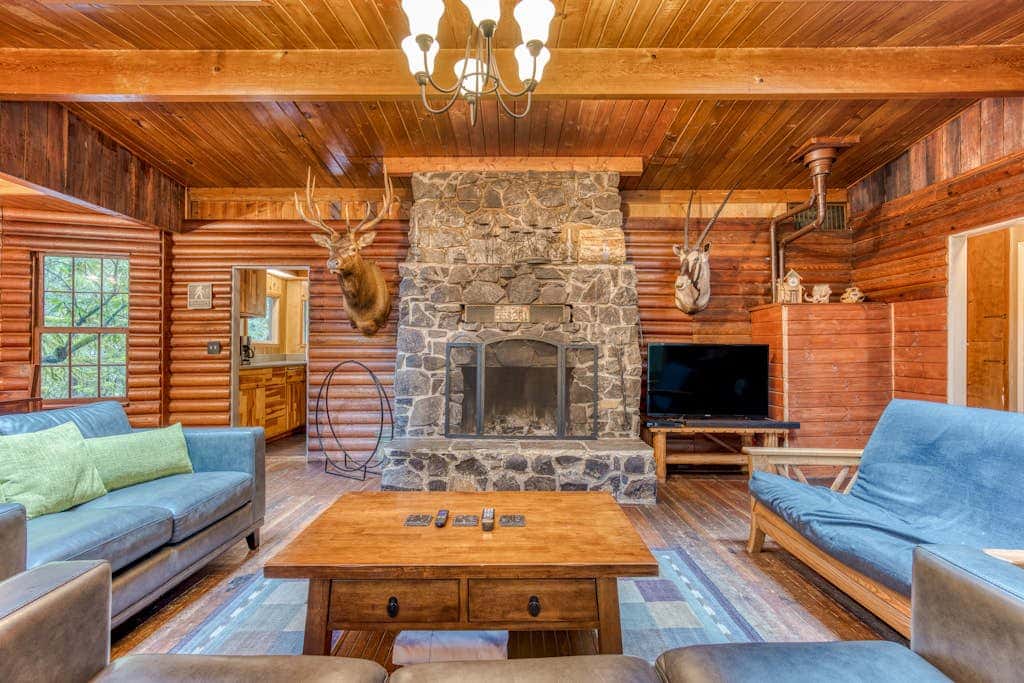 Rustic lodge with private hot tub, fireplace & riverfront views  - dog-friendly