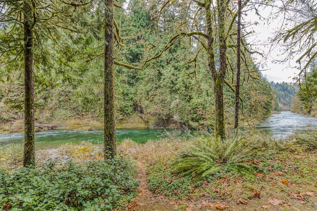 Spacious riverfront lodge with beach access, private hot tub & forest views