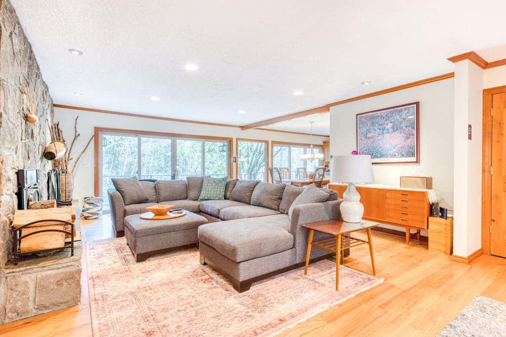 Dog-friendly, riverfront home with a wood-burning fireplace & views