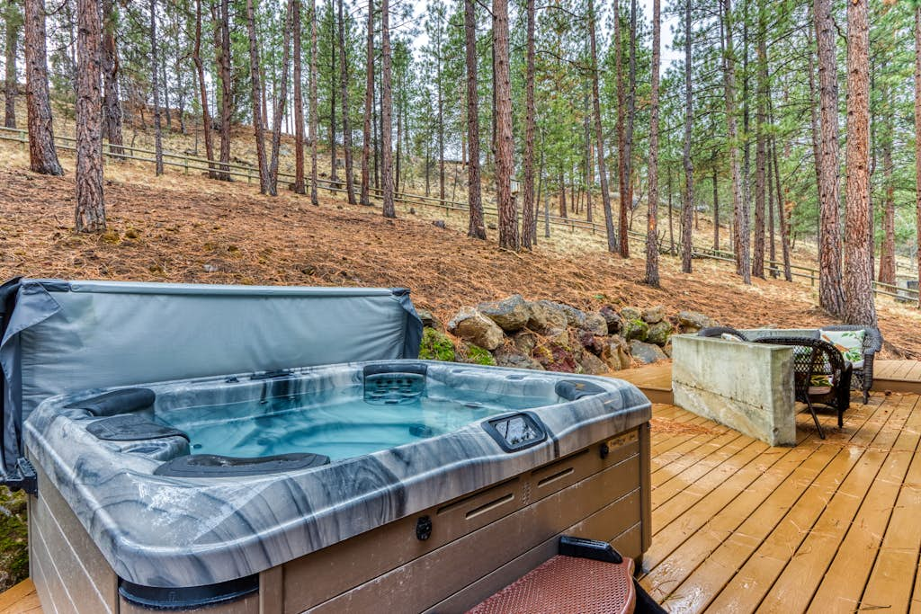 Woodland lodge with private hot tub, multiple decks & gas fireplace