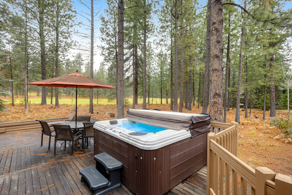 Forested getaway with kitchen, stone fireplace, pool, & private hot tub