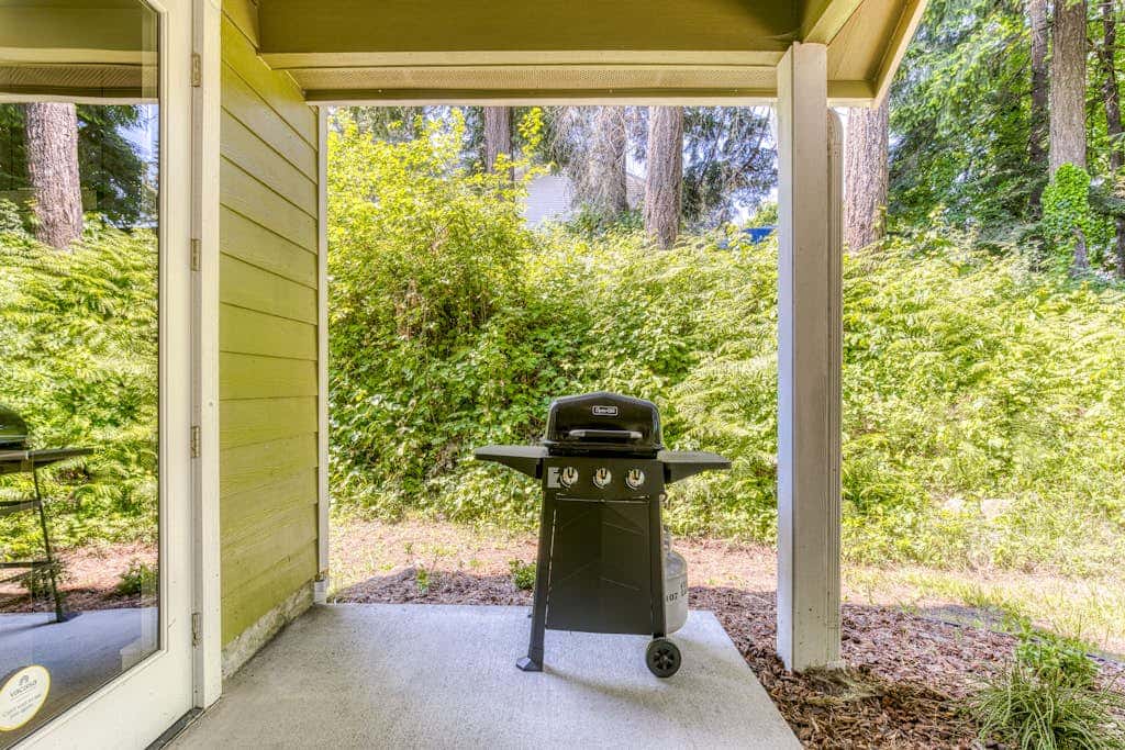 Dog-friendly studio with river view, patio, grill, & shared W&D